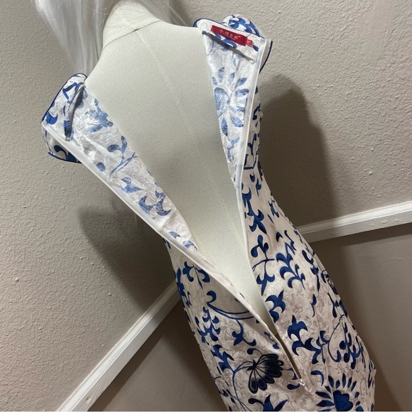 Chinese Qipao Cheongsam Floral Sequin Midi Dress Blue White Size Medium - Picture 9 of 10